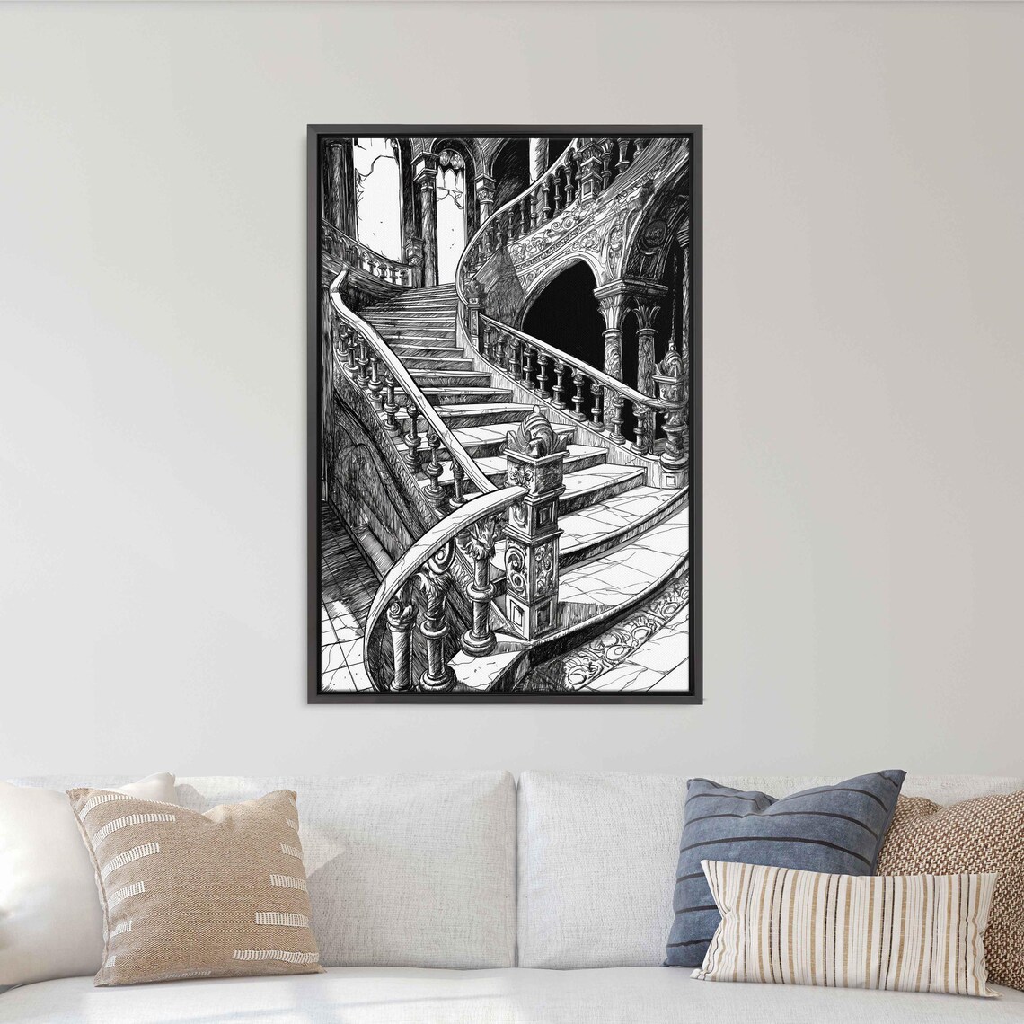 Grand Gothic Spiral Staircase Carved Balustrade Ink Art Halloween Poster