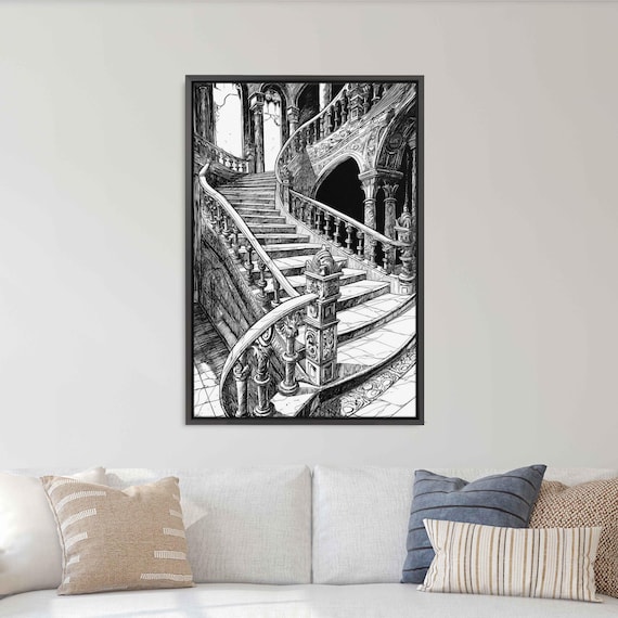 Grand Gothic Spiral Staircase Carved Balustrade Ink Art Halloween Poster