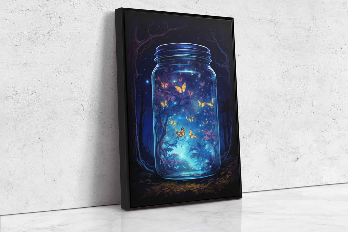 Glowing Butterflies In Glass Jar Starry Night Forest Fantasy Wall Art - Image 4