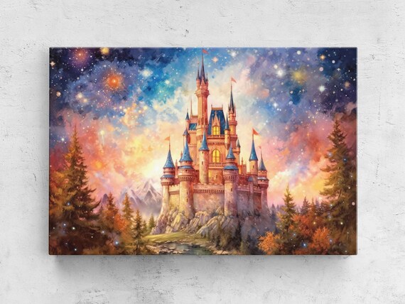 Fairy Tale Castle Blue Spires Pine Forest Starry Sunset Wall Poster