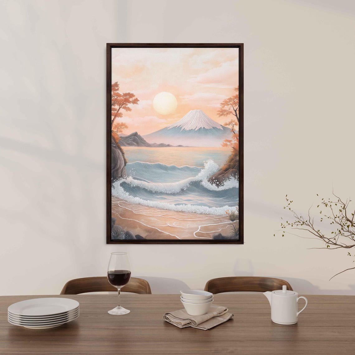 Mount Fuji Sunset Over Ocean Waves Japanese Seascape Travel Poster