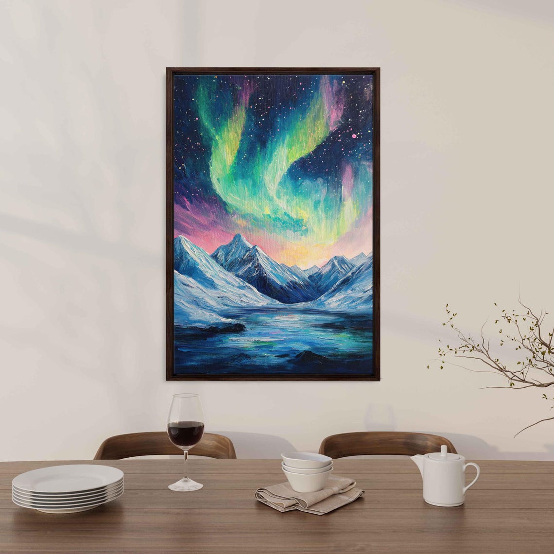 Aurora Borealis Dancing Over Snow Covered Mountain Peaks Poster - Image 3