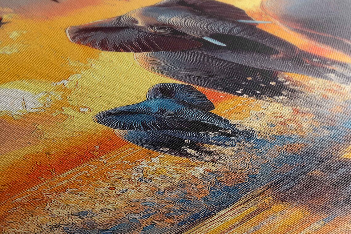 Elephant Family Crossing River African Sunset Vibrant Safari Wall Art - Image 2