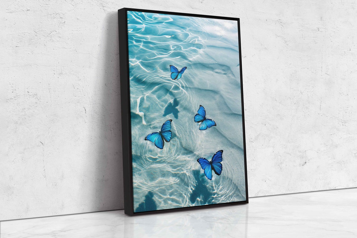 Blue Morpho Butterflies Over Rippled Turquoise Water Nature Art Print - Image 4