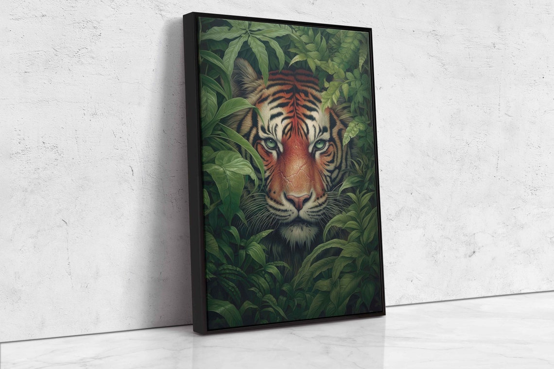 Tiger Face Emerging Jungle Leaves Piercing Eyes Wildlife Art Poster - Image 4