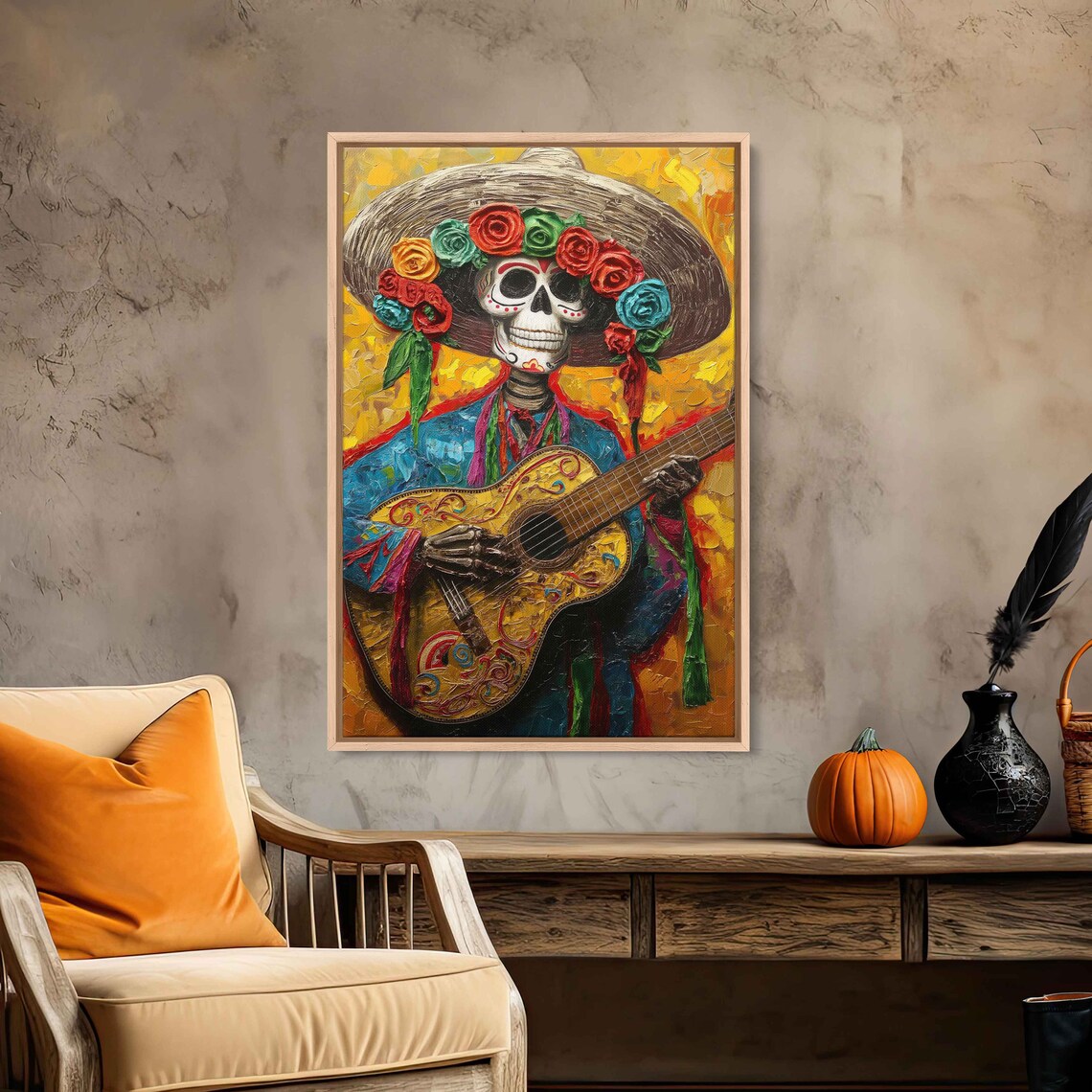 Colorful Day of the Dead Skeleton Mariachi Guitar Folk Art Canvas Poster - Image 2