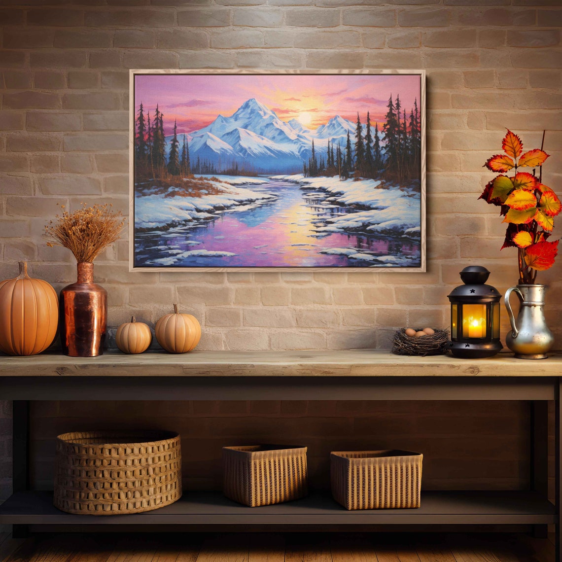 Talkeetna Alaska Winter River Snowy Mountains Pink Sunset Wall Print - Image 3