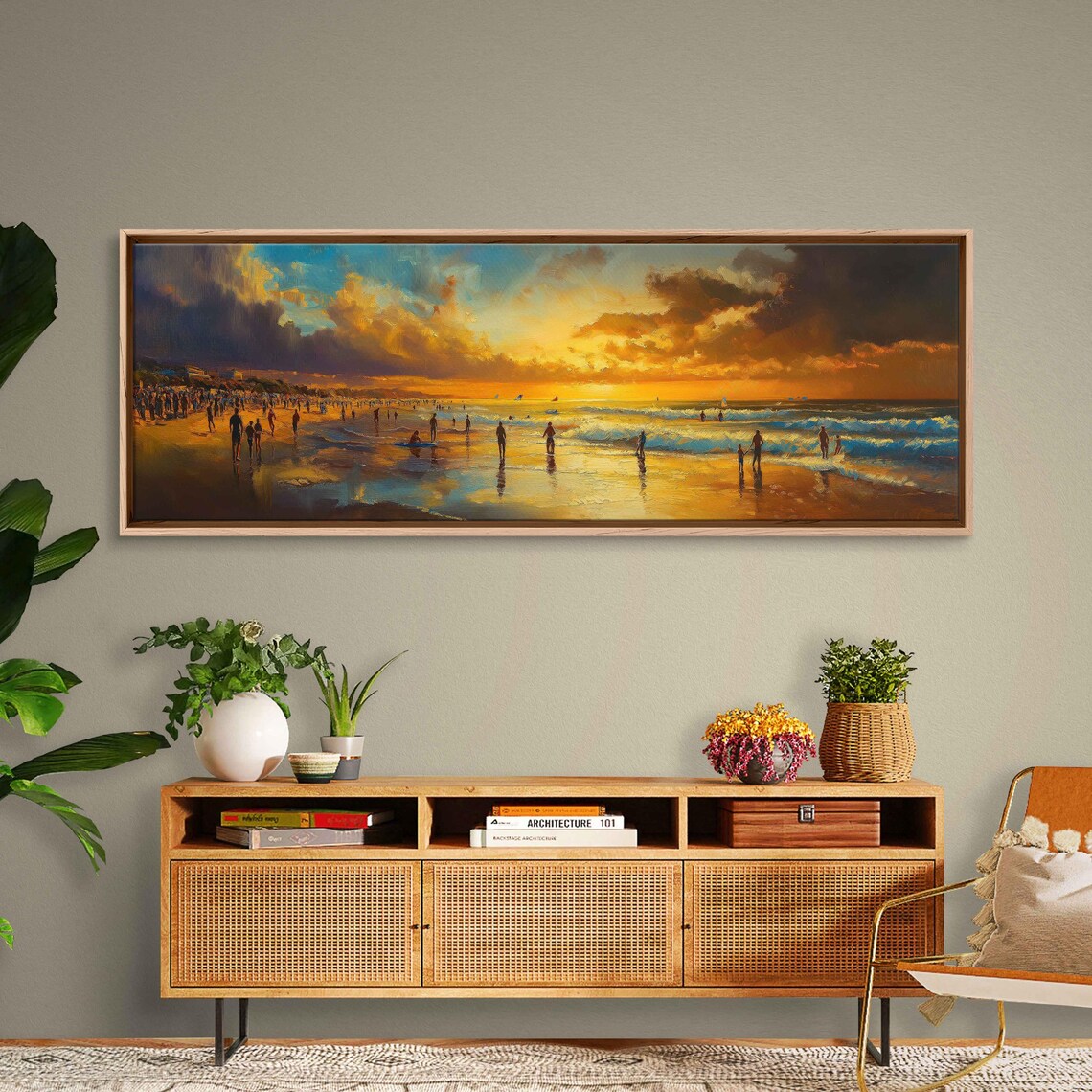 Vibrant Sunset Beach Crowd Surfers Golden Ocean Summer Life Poster