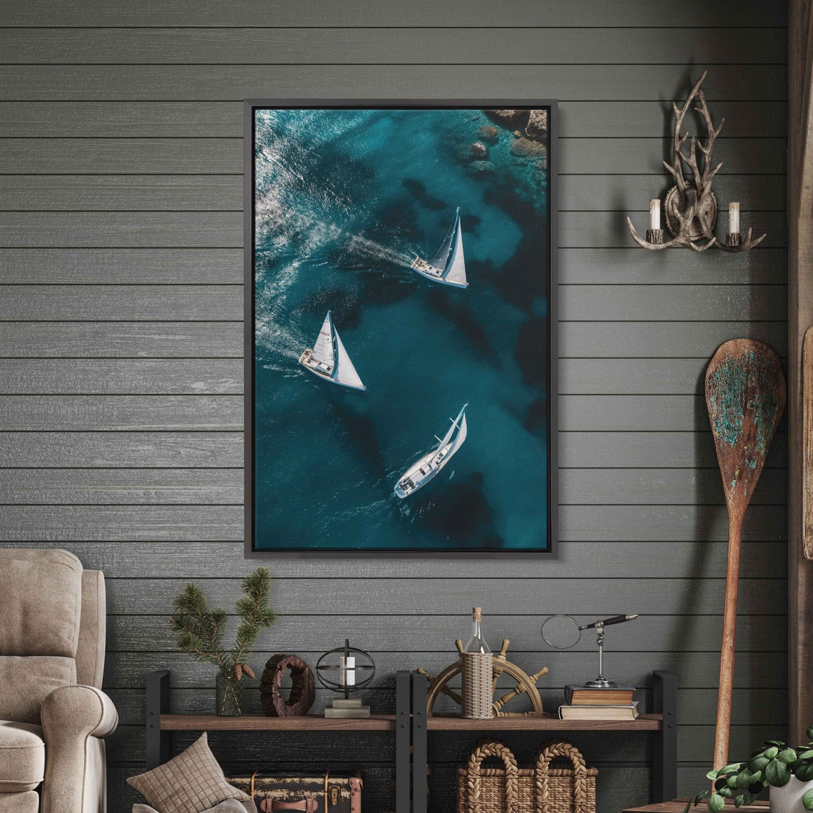 Aerial Overhead View Three Sailboats Sailing Turquoise Ocean Wall Art - Image 3