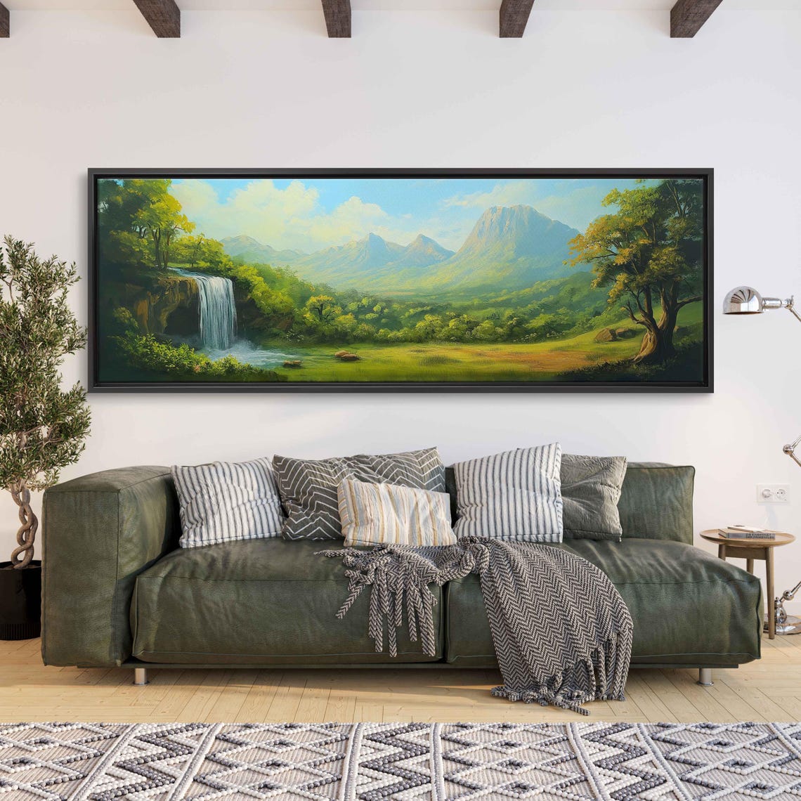 Sunlit Mountain Valley With Waterfall Panoramic Landscape Oil Poster - Image 3