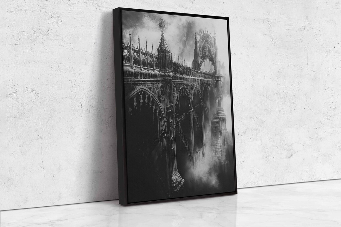 Gothic Bridge Over Foggy Water Dark Spires Monochrome Ink Halloween Poster - Image 4