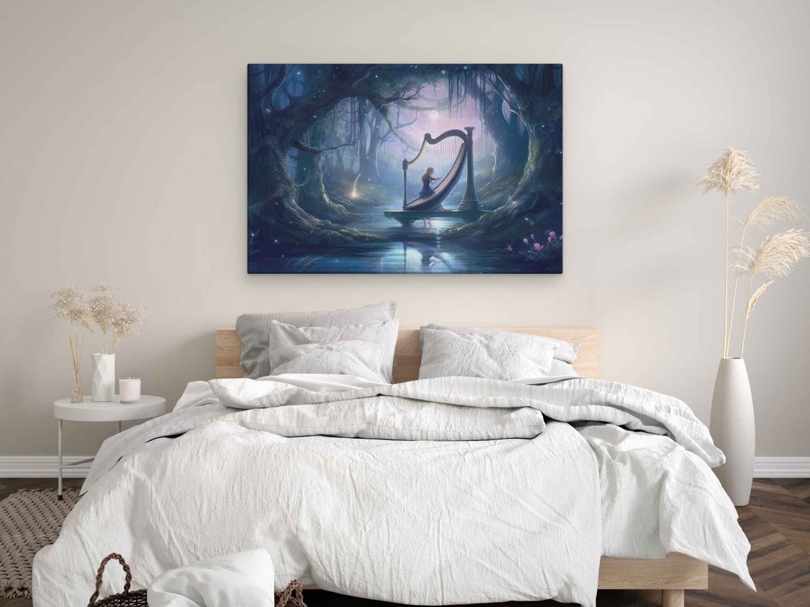 Fairy Playing Harp Moonlit Forest Mystical Water Fantasy Art Poster - Image 3