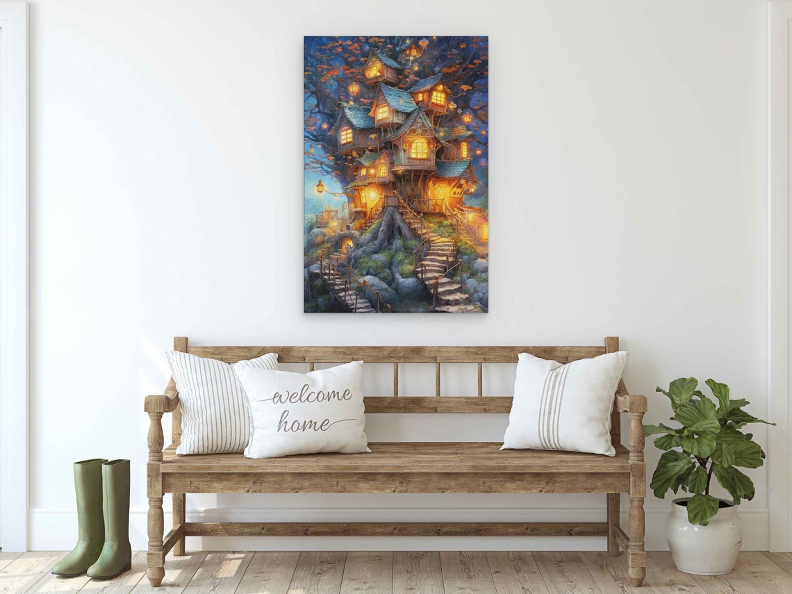 Whimsical Enchanted Treehouse Mansion Glowing Night Fantasy Art Poster - Image 2