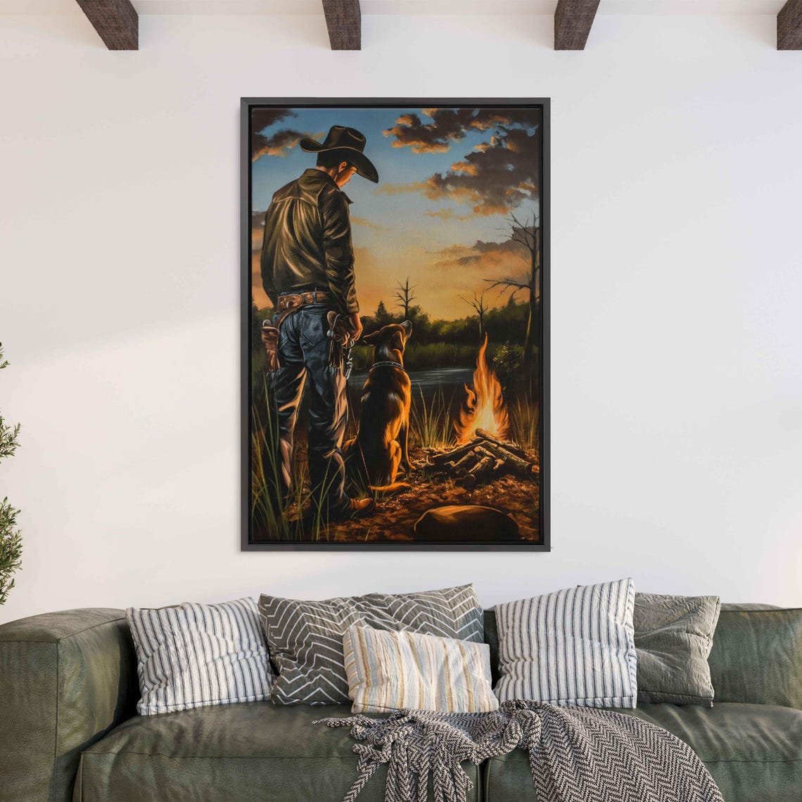 Cowboy And Dog By Campfire At Sunset Back View Western Poster - Image 3