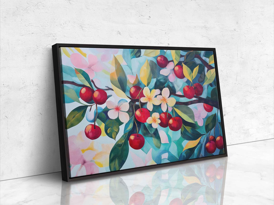 Ripe Cherries White Blossoms Turquoise Leaves Impressionist Art Poster - Image 4