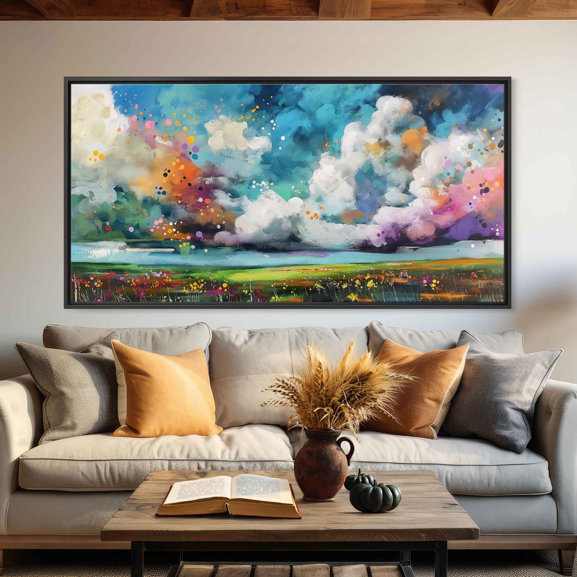 Dreamy Colorful Cloud Landscape Blooming Meadow Panoramic Art Poster - Image 2