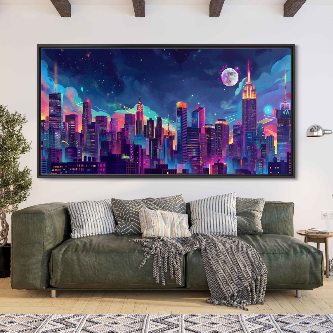 Neon Pop Art City Skyline Night Moonlit Skyscrapers Vibrant Poster