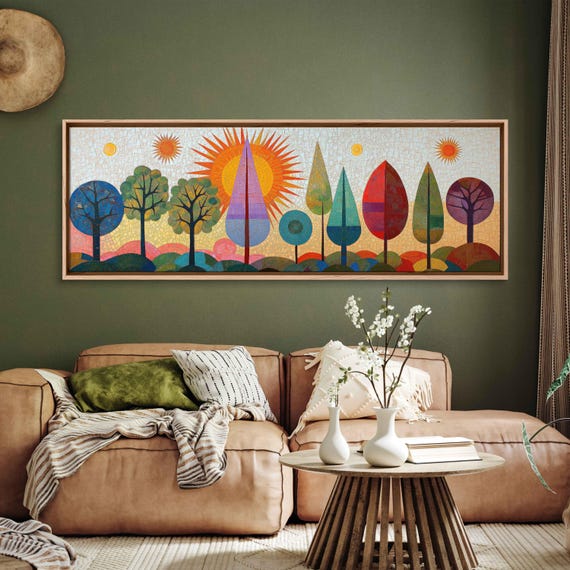 Art Deco Inspired Landscape Wall Art Print Vibrant Colors Stylized Trees
