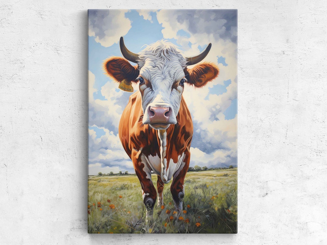 Brown White Dairy Cow Close Up Meadow Blue Sky Farm Animal Poster