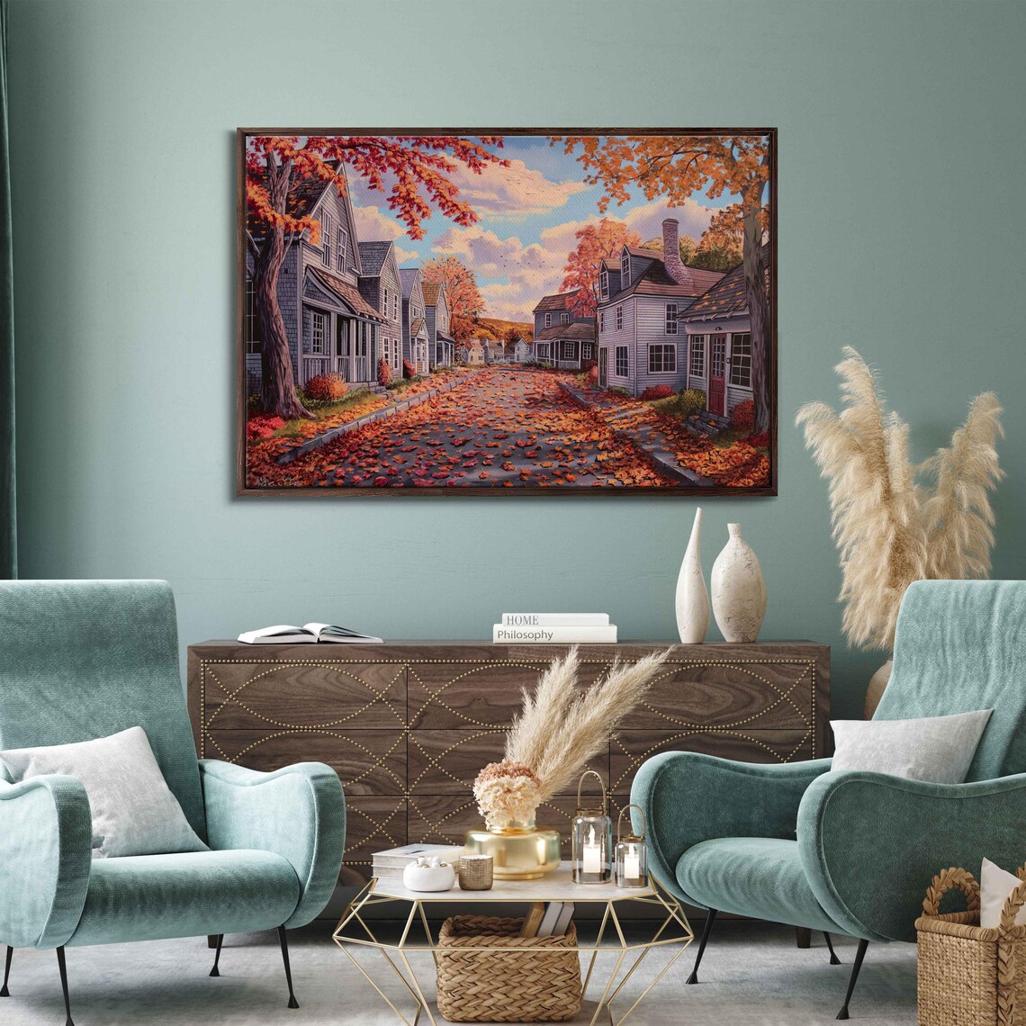 Charming Village Street In Autumn Leaf Covered Road Painting Poster
