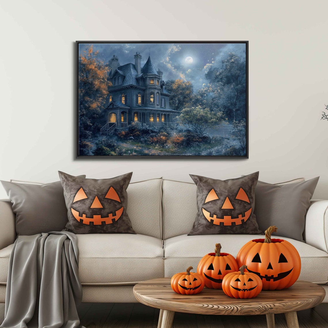 Haunted Mansion Under Full Moon Glowing Windows Night Poster - Image 3