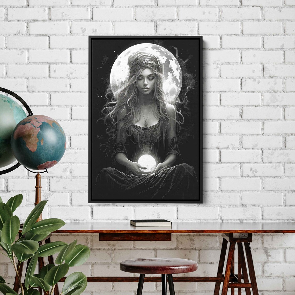 Celestial Sorceress Black White Full Moon Glowing Orb Halloween Art Print - Image 2