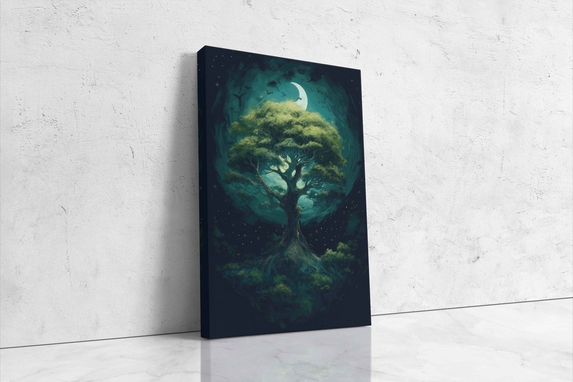 Mystical Tree Under Crescent Moon Starry Night Fantasy Forest Poster - Image 4