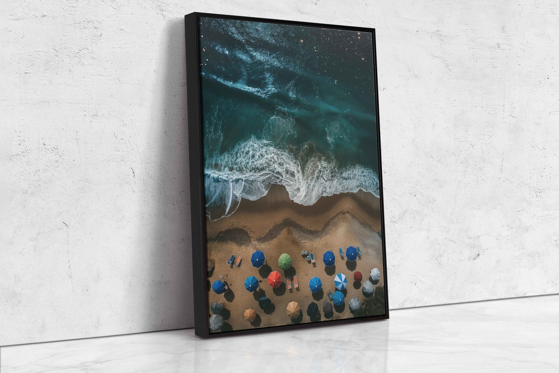 Aerial Night Beach Waves Colorful Umbrellas Under Starry Sky Poster - Image 4