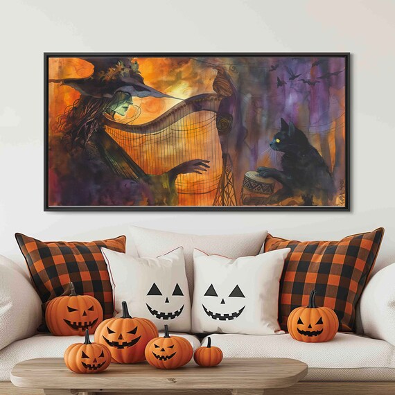 Witch Playing Harp With Black Cat Tambourine Spooky Halloween Art Print