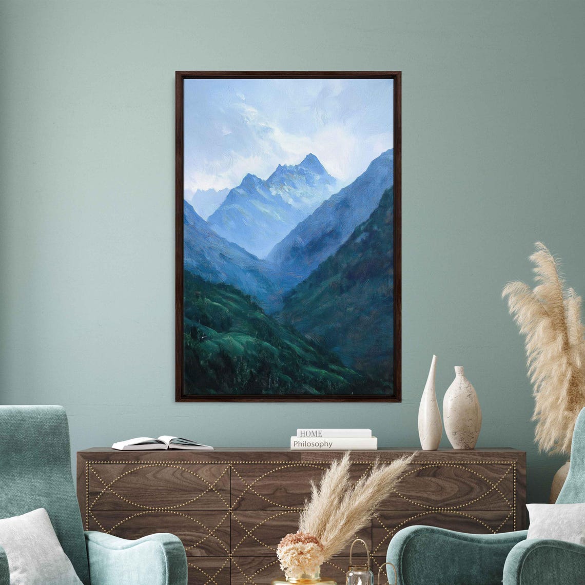 Misty Mountain Valley Blue Peaks Lush Green Slopes Nature Poster - Image 3
