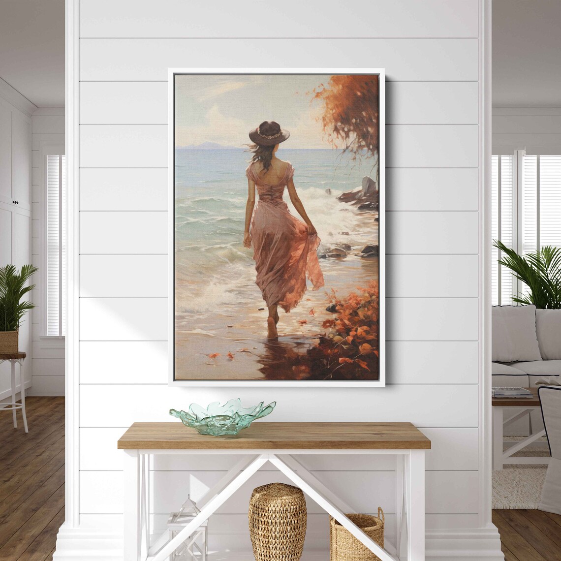 Woman Beach Hat Rocky Shore Ocean Waves Watercolor Coastal Scene Poster - Image 3