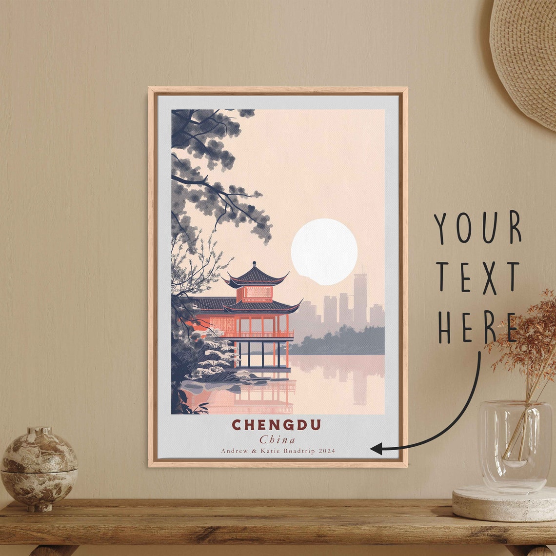 Chengdu China Red Pavilion Lakeside Sunrise Minimalist Travel Poster - Image 3