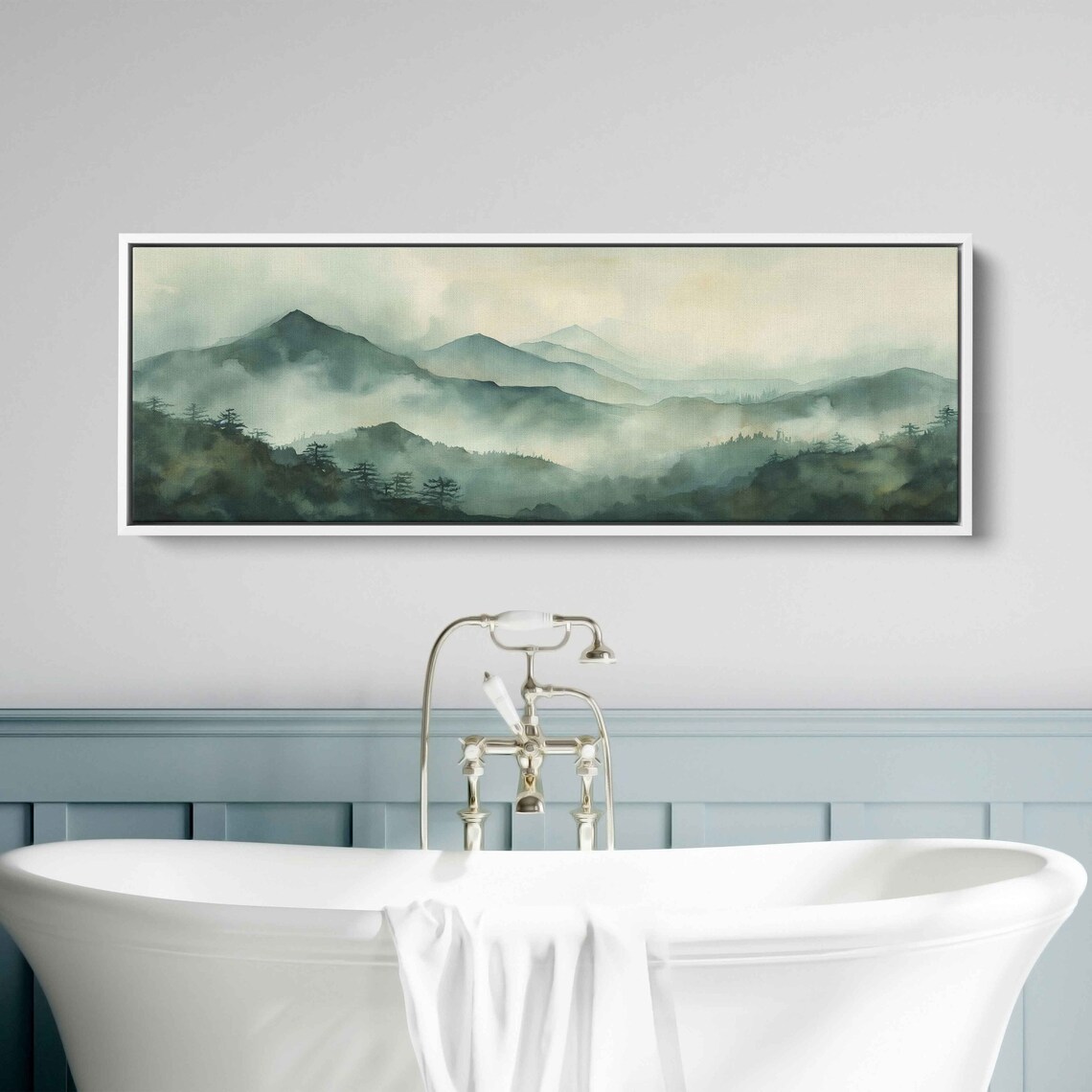 Foggy Mountain Landscape With Trees Painting Framed Print Ready To Hang - Image 3