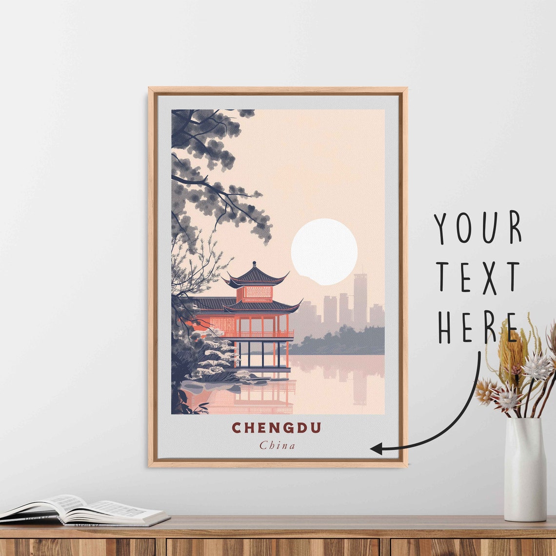 Chengdu China Red Pavilion Lakeside Sunrise Minimalist Travel Poster