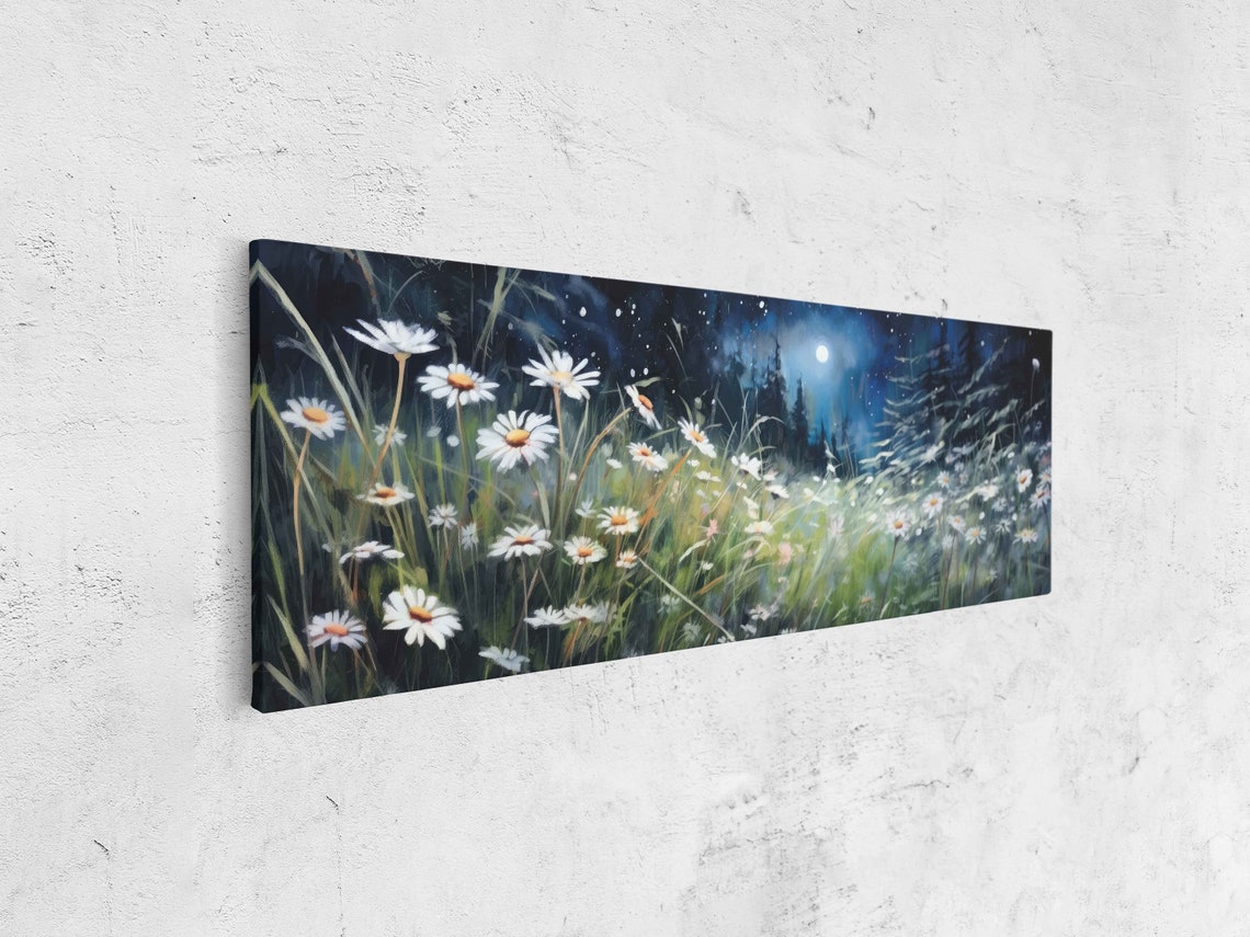 Wild Daisies Moonlit Meadow Night Panoramic Flower Field Art Print - Image 4