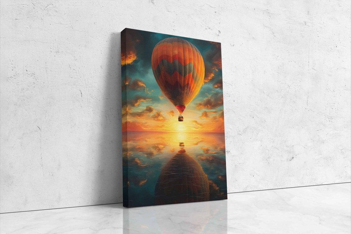 Hot Air Ballon Reflection At Sunset Print Ready To Hang Bright Vibrant Colors - Image 4