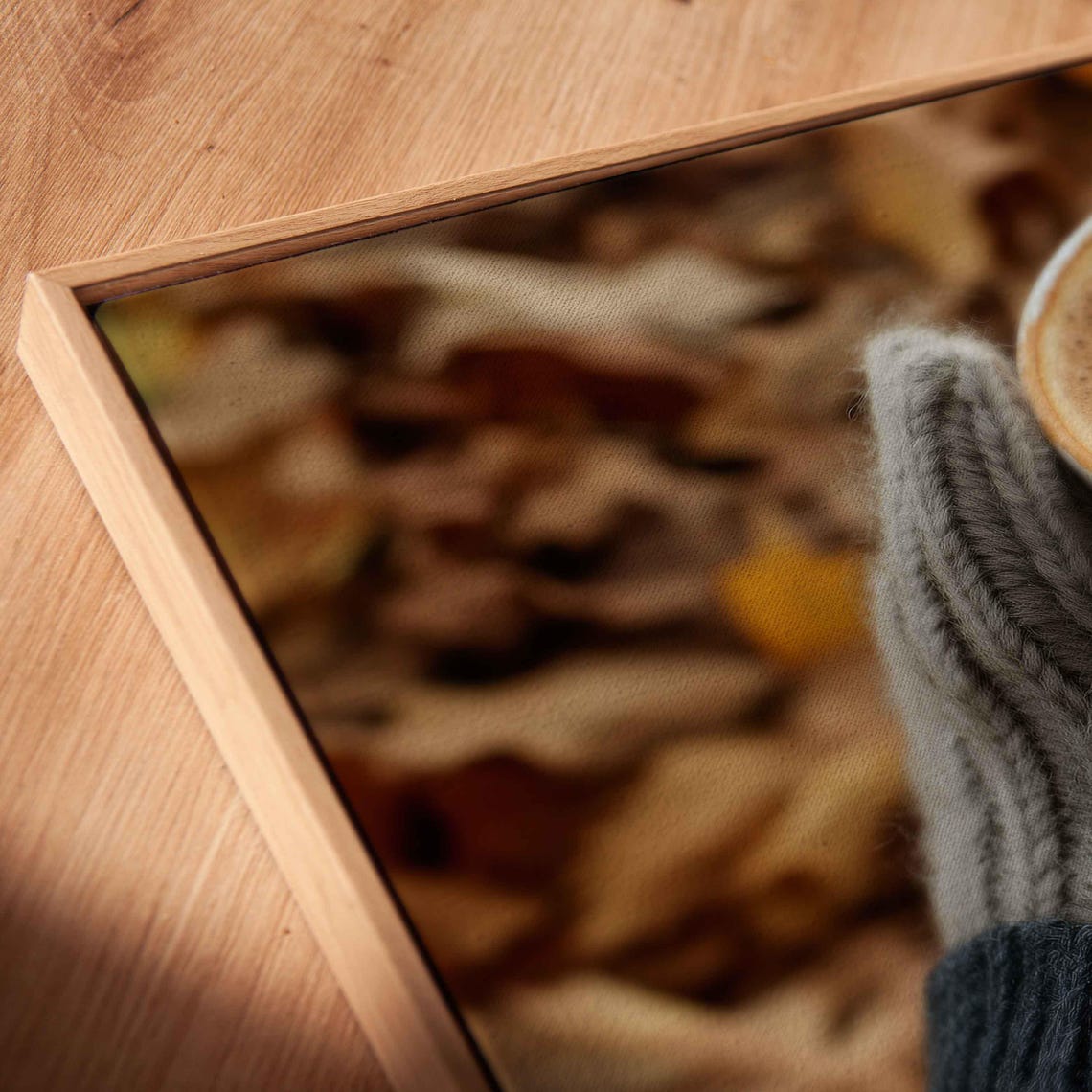 Knit Gloved Hands Holding Warm Latte Mug With Heart Leaf Art Print - Image 2