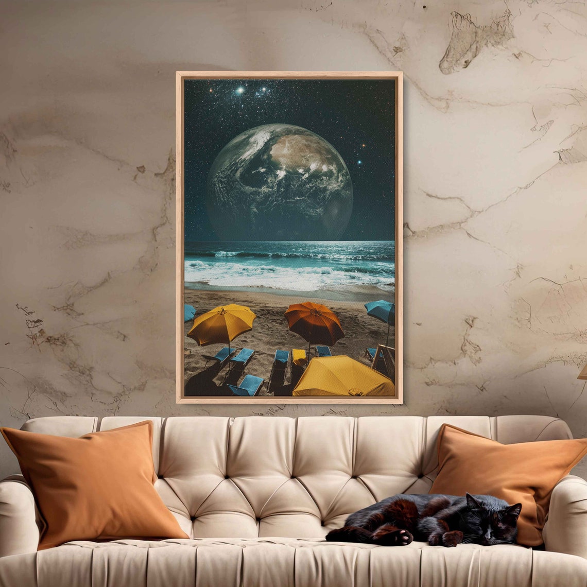 Earth Rising Over Night Beach With Colorful Umbrellas Art Poster - Image 3