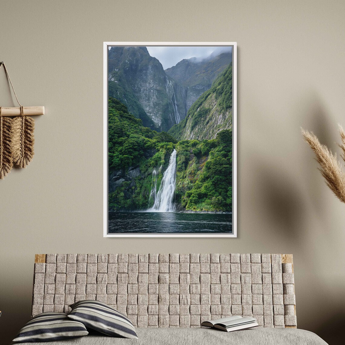 Serene Waterfall Lush Greenery Tranquil Lake Mountain Range Cloudy Skies Wall Art Print Ready To Hang - Image 3