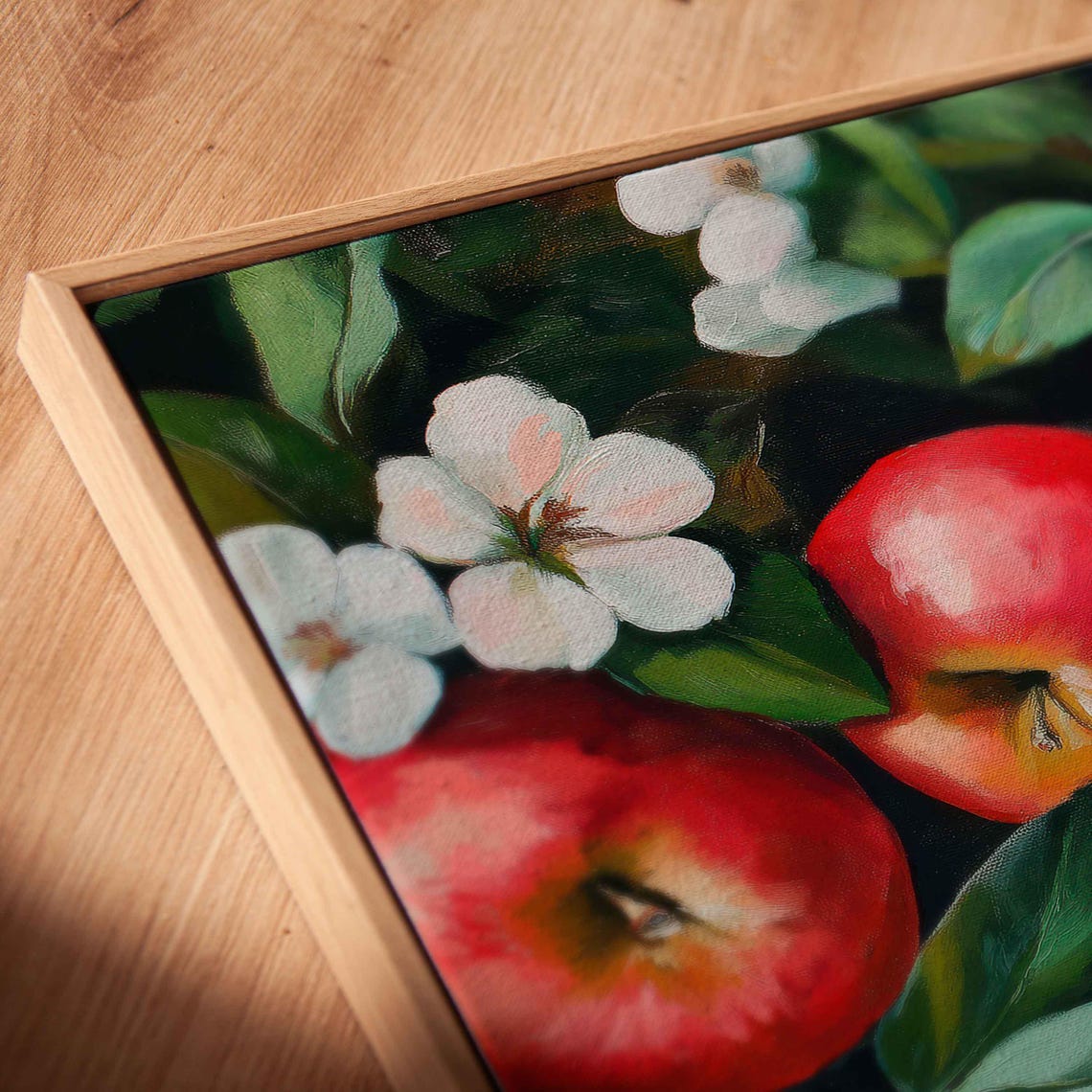 Glossy Red Apples White Blossoms Dark Leaves Orchard Art Print Poster - Image 2