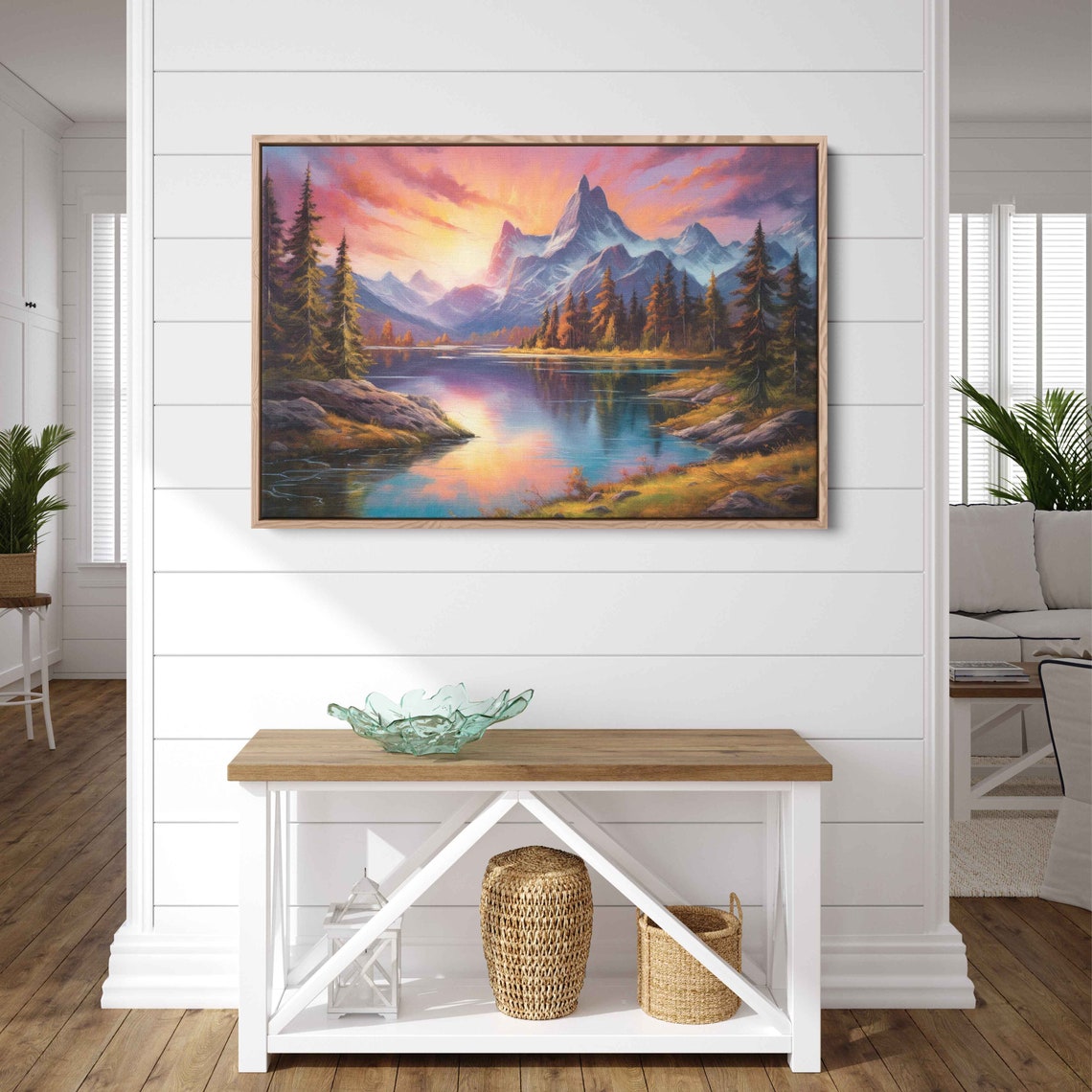 Mountain Lake Sunset Reflection Snowy Peaks Pine Forest Art Poster - Image 3