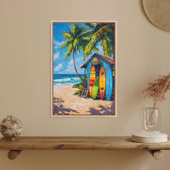Surfboards Resting Against Shack Acrylic Wall Art Print Beach Life Tropical Island Gift For Surfer Palm Trees Ready To Hang