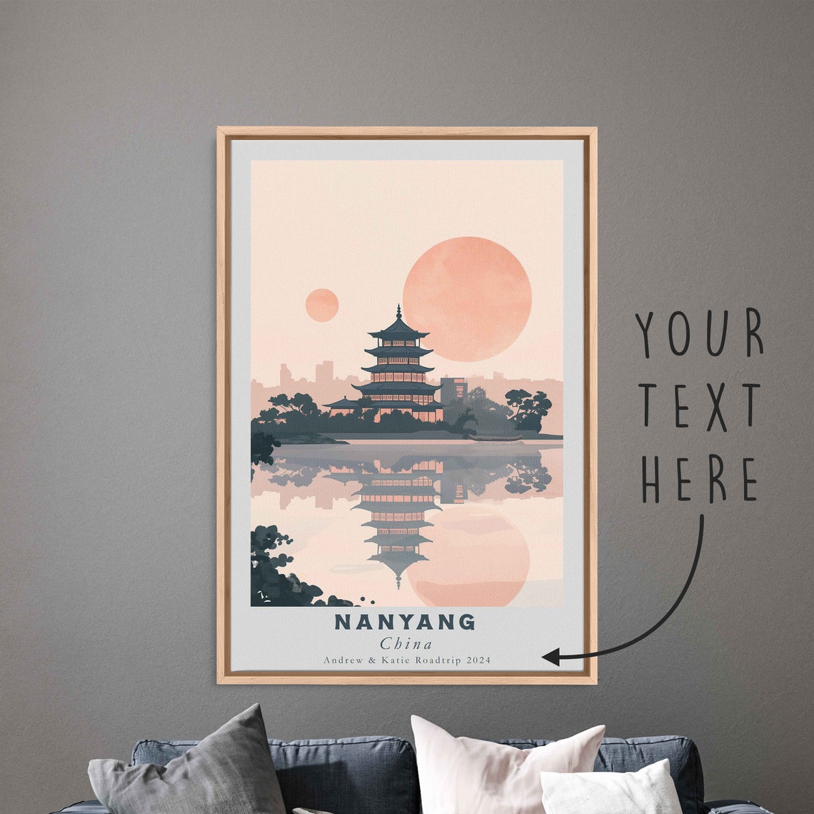 Nanyang China Sunset Pagoda Lake Reflection Pink Sky Travel Poster - Image 3
