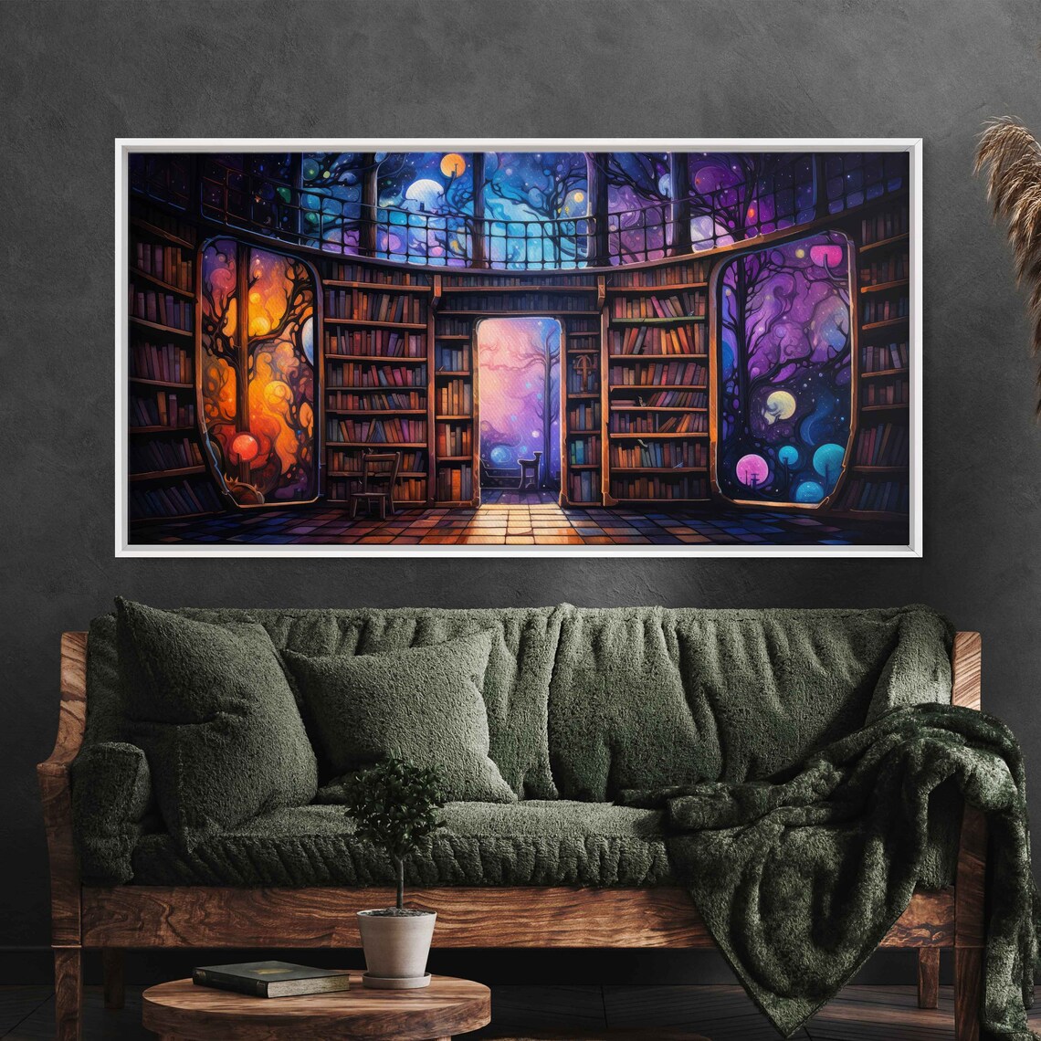 Colorful Fantasy Library Night Panoramic Bookshelves Moon Planets Art Poster - Image 3