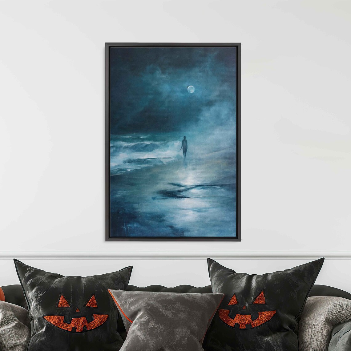 Lone Ghostly Figure On Moonlit Beach Foggy Night Ocean Wall Art - Image 3