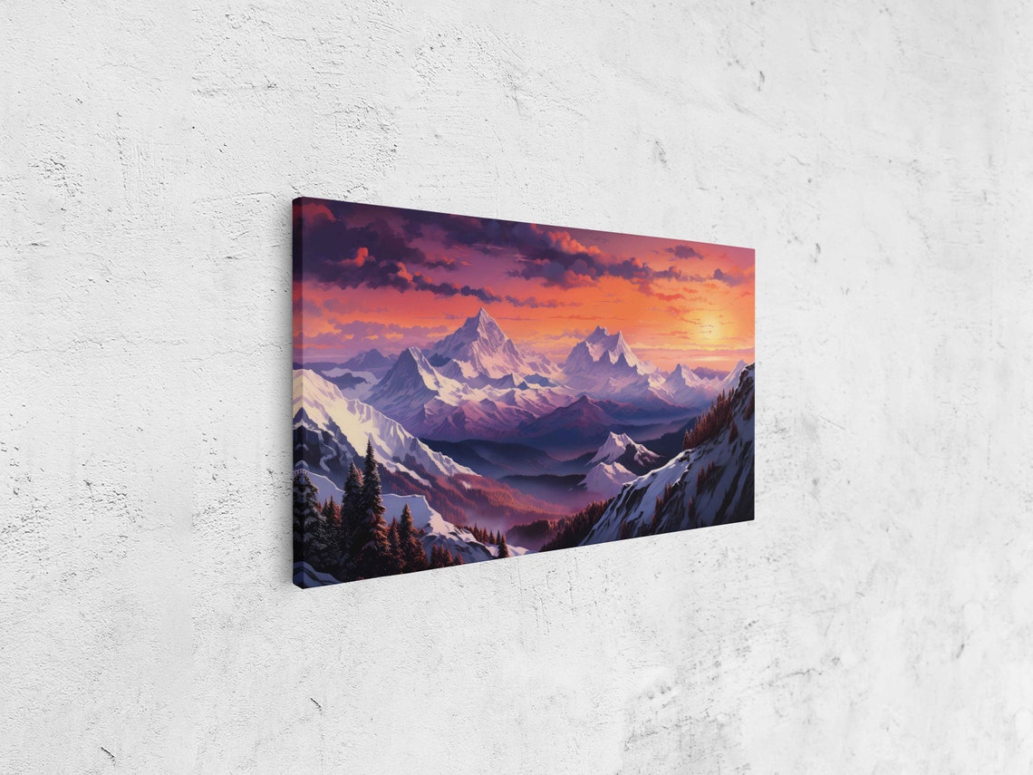 Snowy Alpine Peaks Sunset Orange Sky Panoramic Winter Landscape Poster - Image 4