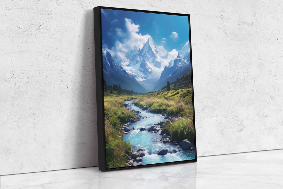 Snow Capped Peaks Winding River Green Valley Landscape Art Poster - Image 4