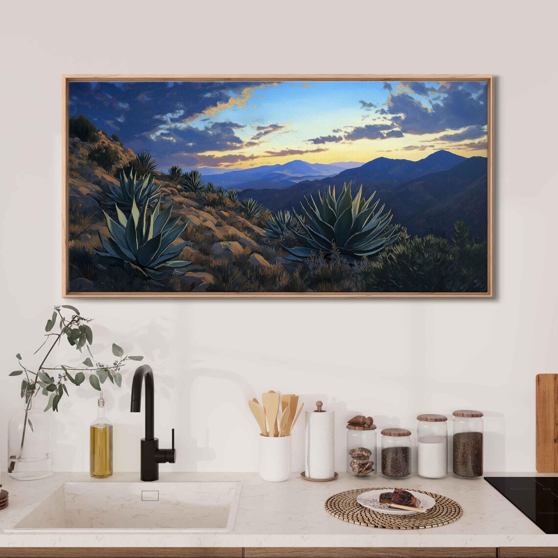 Agave Plants In Mountainous Terrain, Dramatic Twilight