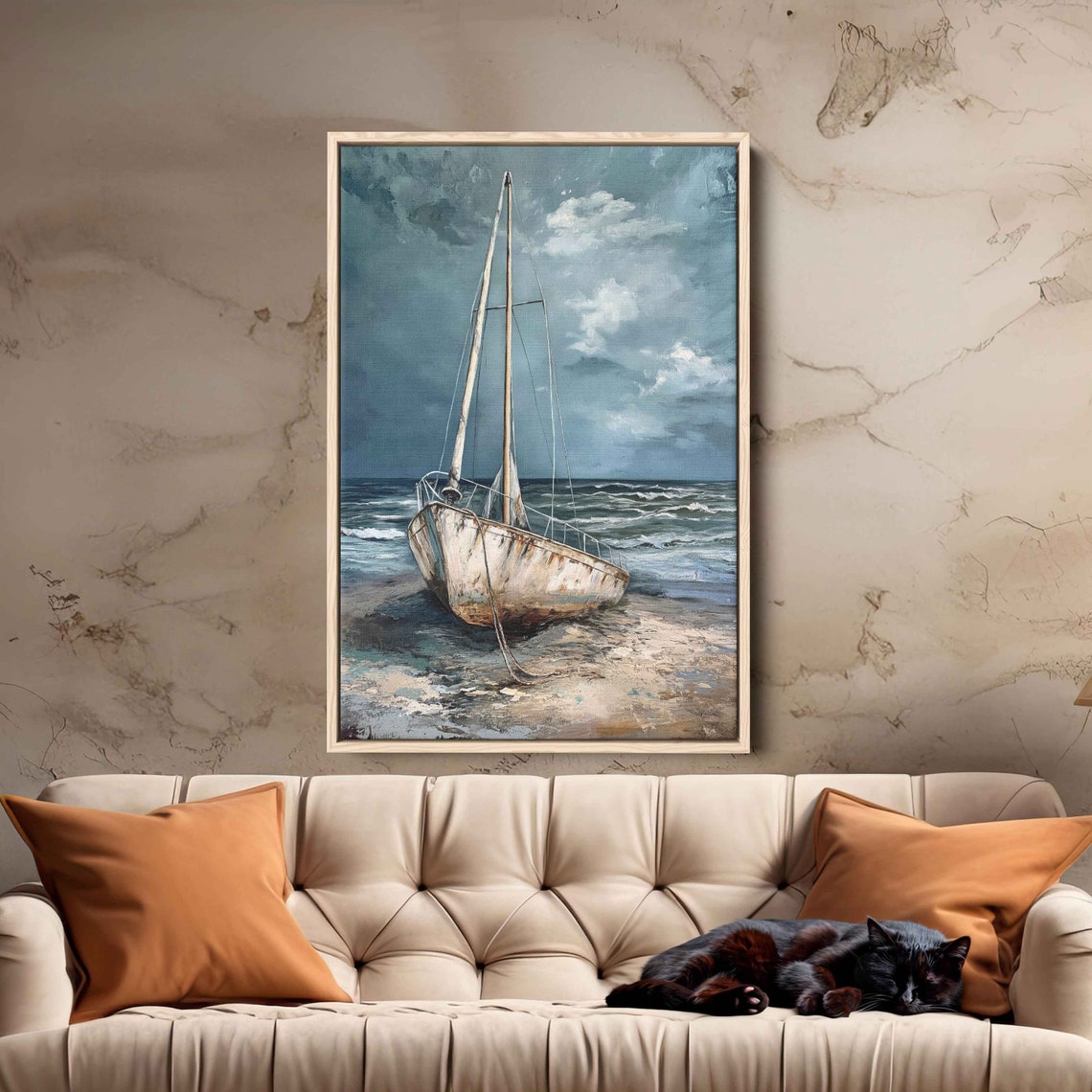 Broken Boat Washed Ashore Painting Cloudy Blue Skies Framed Print Ready To Hang - Image 3