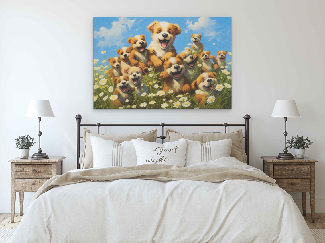 Pack Of Cute Happy Dogs In A Field Of Wildflowers Painting Framed Print Ready To Hang Happy And Uplifting Art - Image 3